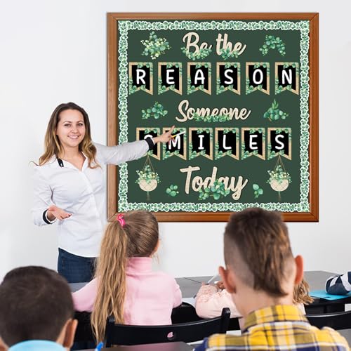 Image of Eucalyptus Bulletin Board Decoration Set Welcome Classroom Decor Be The Reason Someone Smile Today Bulletin Board Greenery Inspirational Eucalyptus Cutouts for Home School Chalkboard Door Wall Decor