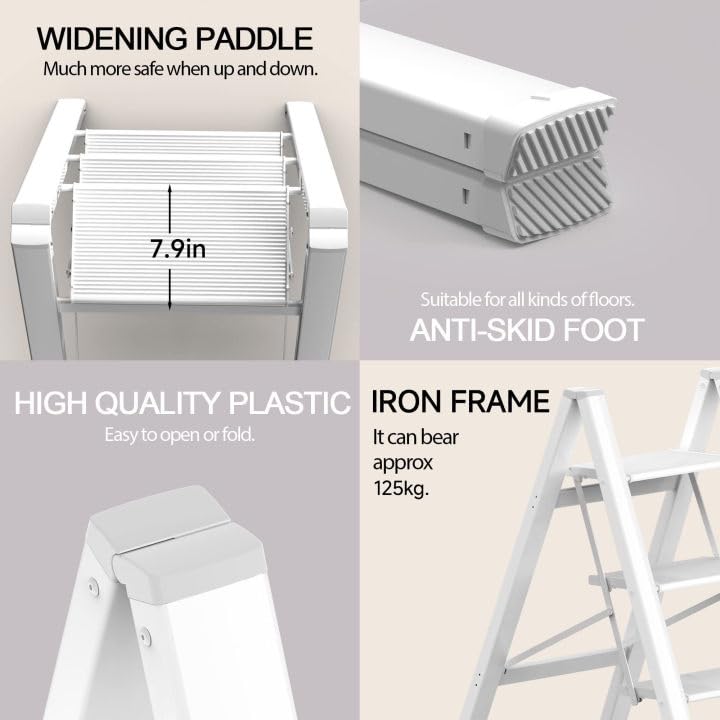 Image of SOLADDER Step Ladder 3 Step Folding, Small Step Stool for Adults, Portable Anti-Slip Iron Stepladder with Wide Pedals for Home and Kitchen Use, Space Saving - White (300 lbs)
