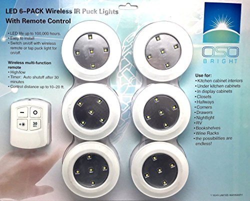 LED wireless puck lights from OSO Bright.Use with remote control or as a tap light,night light,closet light or for under counter lighting to give you bright white light anywhere Brighten your life now