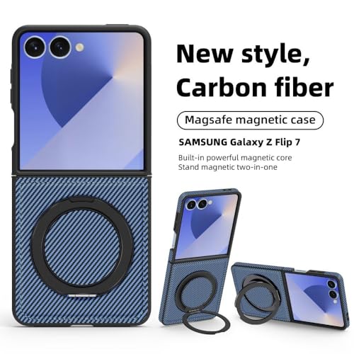Coque Galaxy Z Flip 7 rouge en cuir fibre de carbone avec support rotatif magnétique - 5