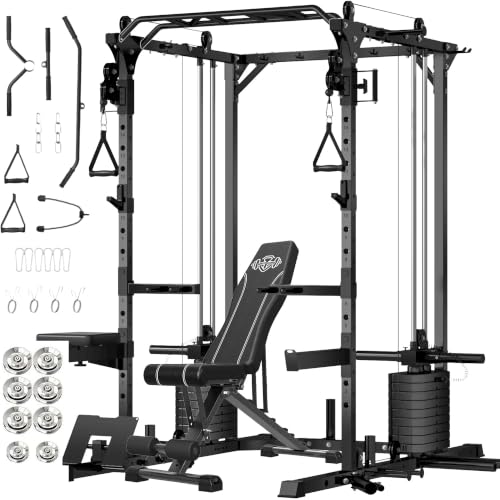 Image of JEEKEE Power Cage with 180LB Weight Stack & Cable Crossover, 2200LB Heavy Duty Power Rack with Dual Pulley System, LAT Pulldown Seat Cushion, 20+ Attachments for Home Gym