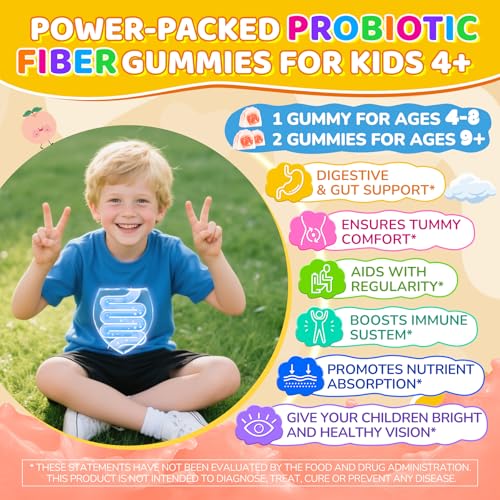 Probiotics for Kids Teen + Veggie & Fruit Fiber Gummies, with 12 Billion CFU Probiotic, Organic Inulin Prebiotics Fiber, Methyl B12 B6 C for Children\'s Digestive & Gut, Immune Health, Sugar Free,60Cts