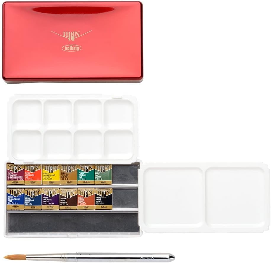 Holbein Artist's Watercolors Set of 12 Half-Pans with Brush (Palm Box) PN691