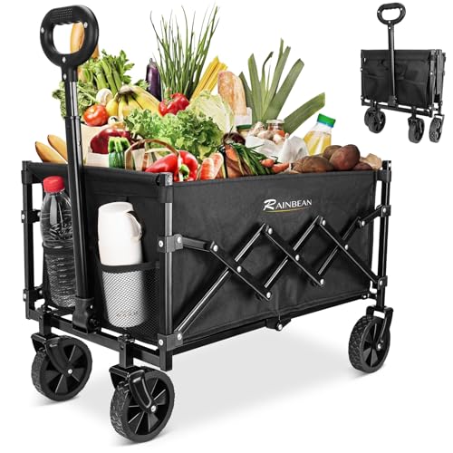 RAINBEAN Festival Trolley on Wheels Folding Wagon Foldable Trolly Heavy Duty Shopping Cart Utility for Camping Garden Beach Sports Fishing, Black (100L)