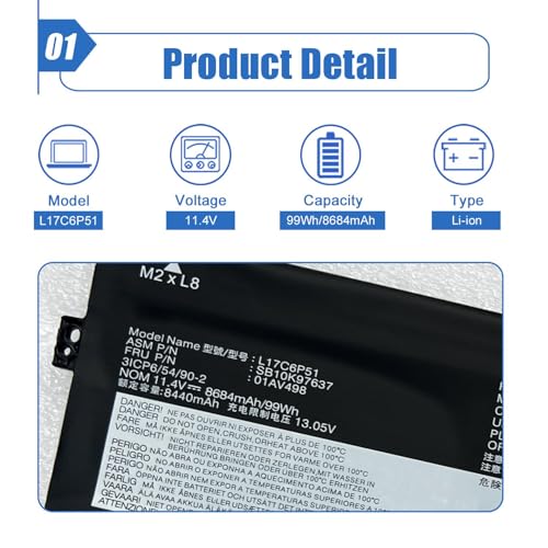 Image of 99Wh L17C6P51 Laptop Battery Replacement for Lenovo Thinkpad P72 P73 P72-20MB P72-20MC P73-20QR Series L17M6P52 01AV498 SB10K97637 11.4V 8684mAh