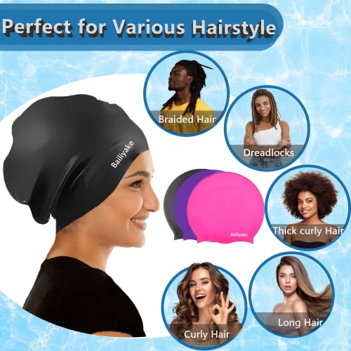 Bailiyake 3 Pack Extra Large Swim Cap For Braids And Dreadlocks，Waterproof Silicone Swim Cap For Women Men，Long Hair Swim Cap Swim Hat Cover Ear Bathing Shower Swimming Cap For Long Thick Curly Hair #TOP3