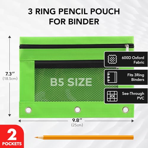 Image of 3 Ring Pencil Pouch for Binder, 2-Pocket Zipper Pencil Case with Clear Window & Mesh Pocket, 600D Oxford Fabric Binder Pouch for School Office Supplies, Fits Standard 3-Ring Binders, Green