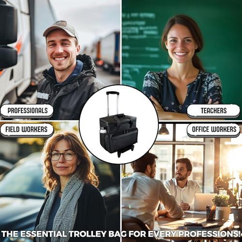 Image of Rolling Teacher Tote Bag with wheels and Laptop Compartment, Wheeled Teacher Bag for Teaching, Detachable Trolley, Office, Craft, Black