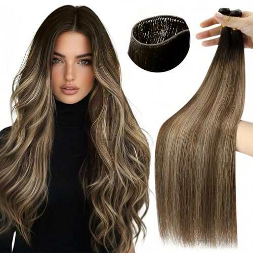 Image of Moresoo Genius Weft Hair Extensions, Balayage Black to Brown with Blonde | Crafted with Remy human hair, 18 Inch 50g, natural blend for parties, events and salon looks