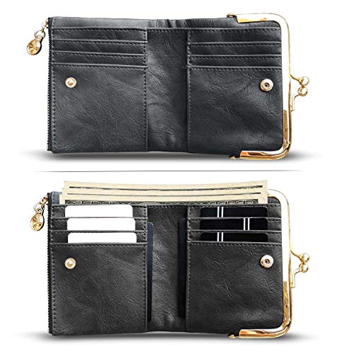 Image of AOXONEL Womens Wallet Small Rfid Ladies Compact Bifold Leather Vintage Coin Purse With Zipper and Kiss Lock, Grey, Small, Vintage