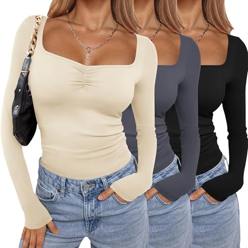 Ekouaer 3 Pack Long Sleeve Shirts for Women Casual Soft