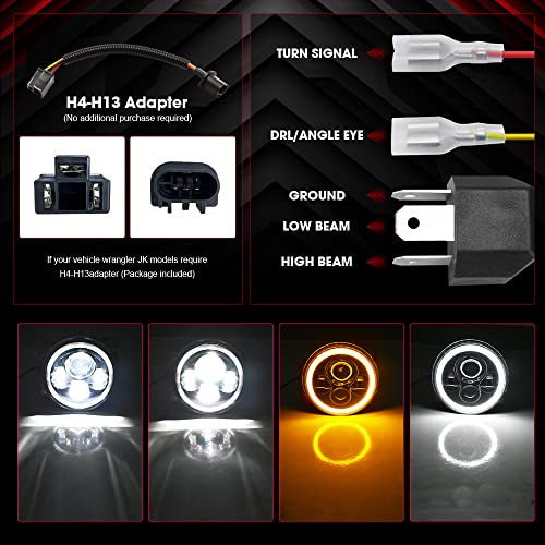 7'' Round Led Headlight High Low Beam Angel Eyes Halo Ring Daytime Running Lights Turn Signal Lights Kit, White Light Amber Light, Led Replacement Headlight Assembly With H4 H13 Adapter, Pack Of 2 #TOP5