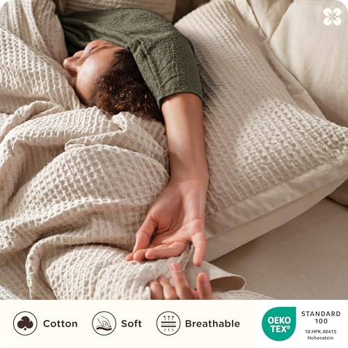 Image of Bedsure Cotton Duvet Cover Set - 100% Cotton Waffle Weave Beige Duvet Cover California King, PureWoven Breathable Cal King Bedding Set for All Season, 3 Pieces, 104 inchx98 inch