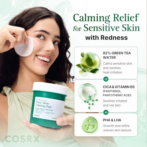 Image of COSRX OneStep Original Clear Skin Calming Pad, 100 Pads, Dual-Sided Facial Pad for Soothing, Barrier Strengthening & Gentle Exfoliation with 82% Green Tea Water, Cica, PHA, LHA, Korean Skin Care