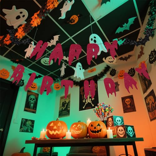 Image of Halloween Happy Birthday Banner - Red Glitter Bloody Paper Garland Spooky Birthday Decorations for Halloween Vampire Bat Theme Party Supplies