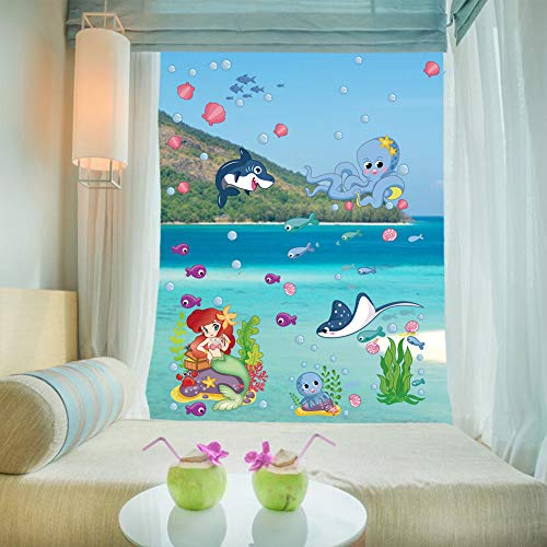 Ccinee 214Pcs Ocean Themed Window Cling Stickers,Mermaid Sea Life Fish Window Decals For Kids Party Bathroom Decoration #TOP6