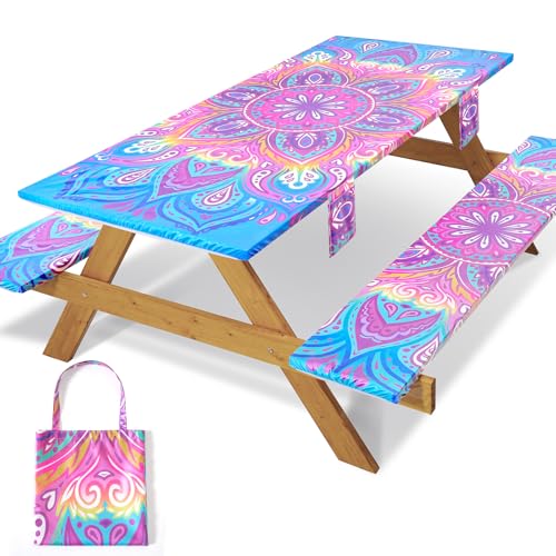 3 Piece Picnic Table Cover with Bench Covers 72x30In Fitted Elastic Heavy Duty Camping Table Cloths Camp Motorhome Gear Garden Festival Stuff Road Trip Outdoors Must Haves Gifts for Mom Dad