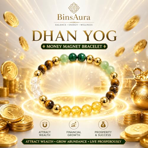 Image of BinsAura Dhan Yog Bracelet for Wealth, Prosperity & Success | Pyrite, Citrine, Tiger Eye, Green Aventurine & Hematite Crystal Bracelet for Men & Women | Adjustable 8mm Beads