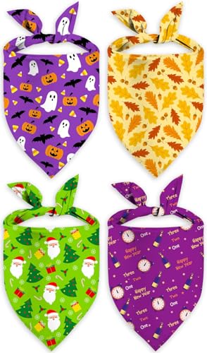 Holiday Dog Bandanas 4 Pack, Halloween Thanksgiving Christmas New Year Reversible Large Pet Bandanas, Celebration Set, Adjustable Triangle Holiday Scarves for Dogs Girl Boy Pets