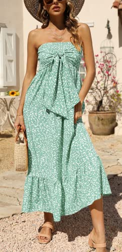 Aifer Women's Strapless Bohemian Floral Printed Dresses Tube Top Off Shoulder Homecoming Flowy Long Maxi Dress Mint Green #TOP1
