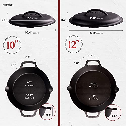 Image of Cuisinel Cast Iron Skillet + Cast Iron Lid Set - 10+12 inch-Inch Dual Handle Frying Pans + Pan Scraper + Silicone Handle Covers - Preseasoned Indoor /Outdoor, Grill, Stovetop, Induction, Oven Cookware