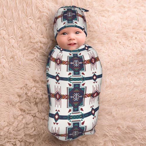 Image of Western Southwest American Aztec Baby Stuff Swaddle Blanket Wrap Baby Newborn Blanket Soft Stretchy with Headband Hat Set Gift for Infant Boy Girl