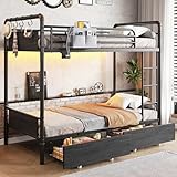 Jocoevol Metal LED Bunk Bed Twin Over Twin with 2 Storage Drawers, USB Charging Station, Industrial Bunkbeds Heavy Duty Bed with Safety Guardrail and Ladder, No Box Spring Needed, Black