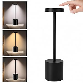 Luminária de Mesa LED Dimerizável Touch Recarregável, 3 Cores de Luz, Preta