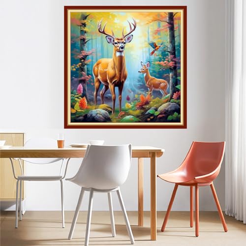 Image of DMCVIVR Stamped Cross Stitch Kits for Beginners Adults Needlepoint Kits for Beginners Embroidery Kits for Adults Crossstitch Kit for Beginners 11CT-Forest elk 18x18 inchs