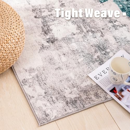 Carvapet 8 x 10 Rugs for Living Room, Teal Modern Abstract Low Pile Large Carpet with Rubber Backing, Foldable, Non Slip Machine Washable (10 x 8 Feet Rectangular, Teal/Grey Area Rug)