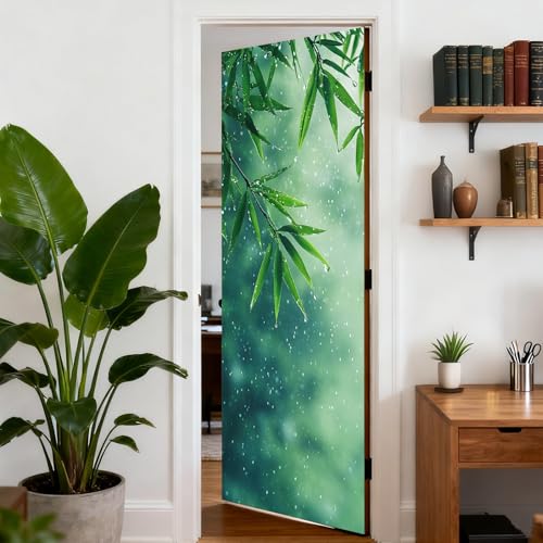 Image of Nuxovilar Bamboo Leaf Door Stickers Peel Stick PVC 30.3x78.7 in Cover | Door Stickers Wall Decals Peel Stick Cover Vinyl Art Poster Bedroom Living Room (Bamboo Leaf Rain)
