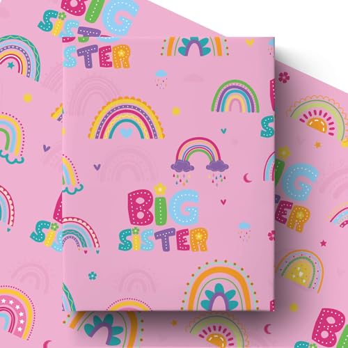 Pineraap Rainbow Big Sister Wrapping Paper Roll for Little Girls, Pink New Sister Gift Wrap Paper, Cute Cartoon Big Sis Gift Packing Paper Art Paper Gender Reveal Baby Shower Party, 17Inch x 16.5Feet