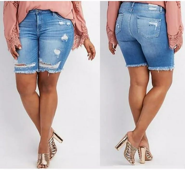 Jack David/Wax Women's Plus Size Distressed Curvy Denim Jean Ripped Bermuda Short with RAW Hem - Image 3