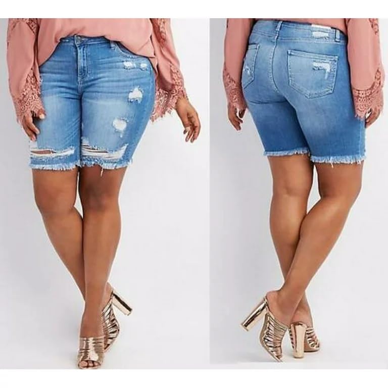 Jack David/Wax Women's Plus Size Distressed Curvy Denim Jean Ripped Bermuda Short with RAW Hem3