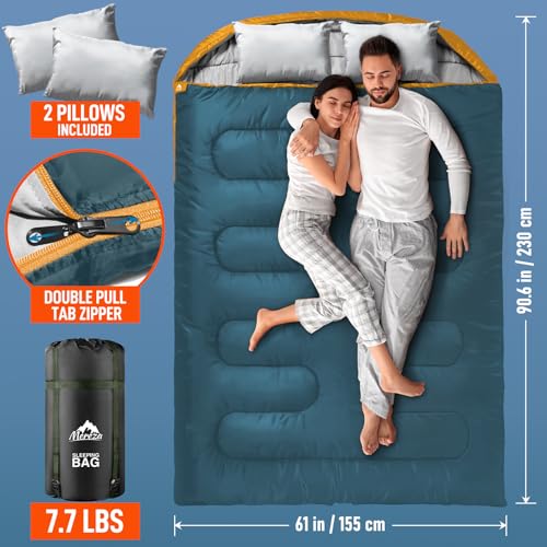Image of MEREZA Double Sleeping Bag for Adults Mens with Pillow, XL Queen Size Two Person Sleeping Bag for All Season Camping Hiking Backpacking 2 Person Sleeping Bags for Cold Weather & Warm