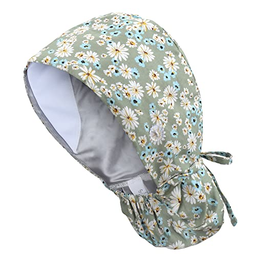 Satin Lined Scrub Cap for Women, Bouffant Nurse Cap with Sweatband and Buttons, Adjustable Surgical Hat for Curly Hair, Braids, Long Hair and Buns, Daisy Green