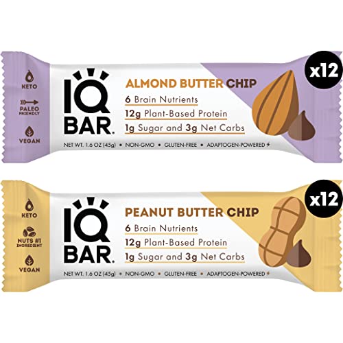 Iqbar Brain And Body Keto Protein Bars - Peanut Butter Chip And Almond Butter Chip - 12 Count Energy Bars - Low Carb Protein Bars - High Fiber Vegan Bars Low Sugar Meal Replacement Bars #TOP1