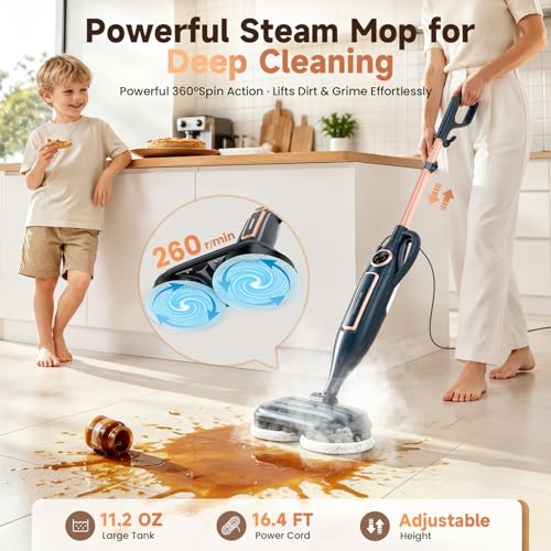 Image of DEVOAC VM6 Scrubbing Steam Mop with Rotating Mop Pads, 10 in 1 Steam Mop, Lightweight Spin Mop & 3 Steam Modes for Hard Floor Laminate Marble Floors (Dark)