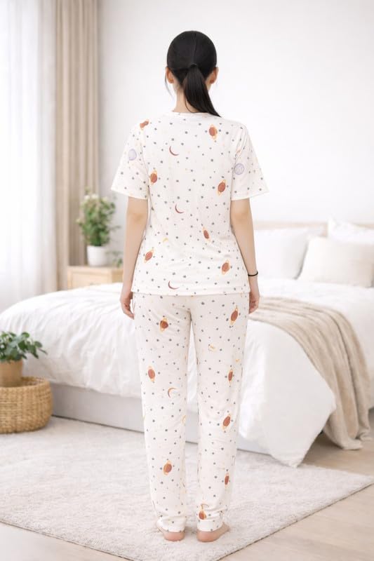 Image of Women's Pajama Set with Top & Pants|| Korean Night Wear|| Loose Fit Home Wear || Lightweight Printed Set || Soft & Comfy Girls & Women