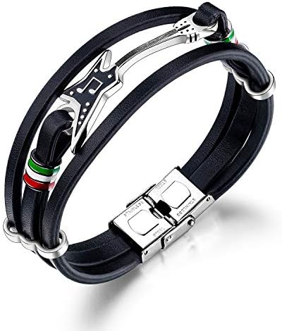 FIGEDY Personalized Guitar Leather Cuff Bracelet for Men Black Leather Multi-layer Music Bracelet for Men and Boys