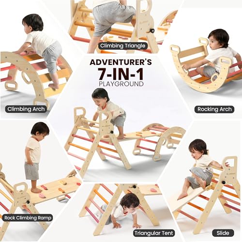 Image of BlueWood Pikler Triangle Set, Toddler Wooden Climbing Toys Indoor 7in1 Foldable Climber for Kids, Montessori Philosophy Play Jungle Gym with Arch, Ramp, Ladder (Farm Charm Autumn)