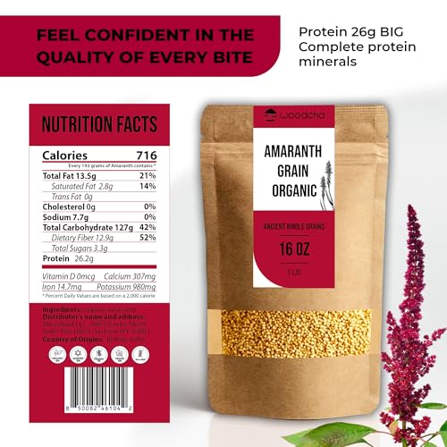 Image of Organic Amaranth Grain 16oz - 26g Protein Ancient Grain (Complete Plant Protein), Gluten-Free, Non-GMO, Vegan - Ideal for Cooking, Porridge, Baking & Popping