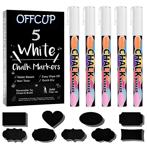 OFFCUP Whiteboard Marker Weiß, 5 Stück Weiße Kreidestifte, 3mm Glasstift für Tafel, mit 58 Aufklebern, Tafelstifte, Fensterstifte Feucht Abwischbare, Für Klassenzimmer, Wohnungen, Besprechungsräume Cover