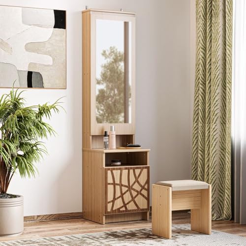Image of Wakefit Dressing Table with Mirror & Storage | 1 Year Warranty | Mirrored Dressing Table with Stool (Engineered Wood - Columbian Walnut, Azha)