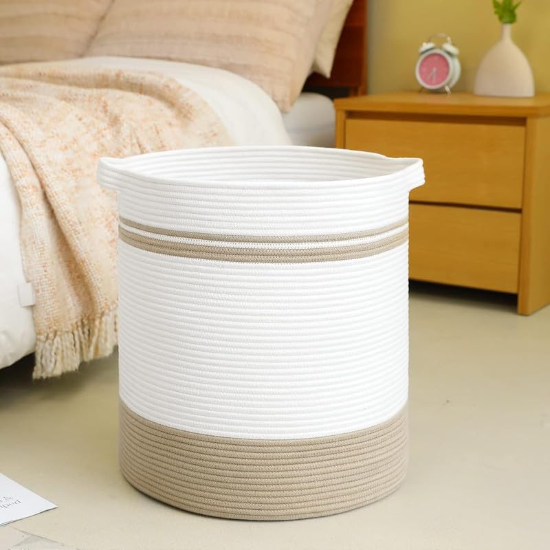 Image of Storage Rope Laundry Hamper Basket for Clothes, Towels and Blankets in Livingroom, Bedroom, Laundry Room and Basket for Nursery Storage (Size - 14 inch x 14 inch x 16 inch) (Beige White Stripe)