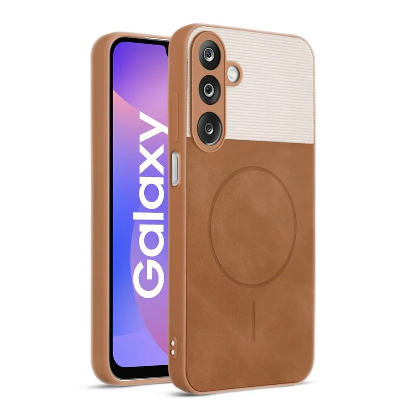 Image of Bintage CASE Mac Safe Design Hard Light Weight Back Case | Soft Border Camera Protect | Dual PU Leather Finish Back Cover Compatible for Samsung Galaxy A15 5G - White & Brown
