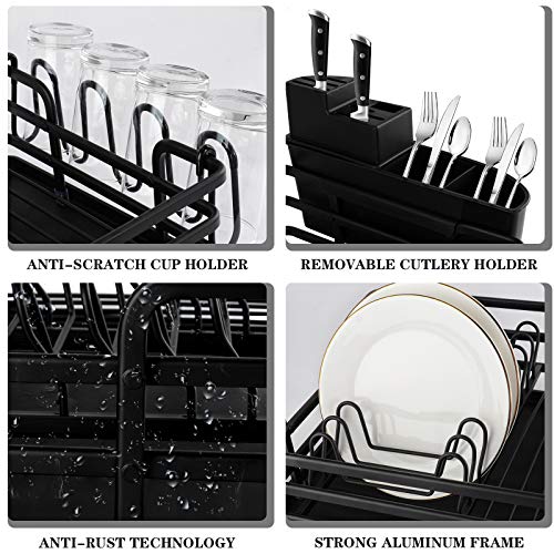 [Upgraded] Aluminum Dish Drying Rack, Rottogoon Rustproof Dish Rack And Drainboard Set With Drainage, Utensil Holder, Cup Holder, Compact Dish Drainer For Kitchen Counter Cabinet, 16.9" X 12.2", Black #TOP6