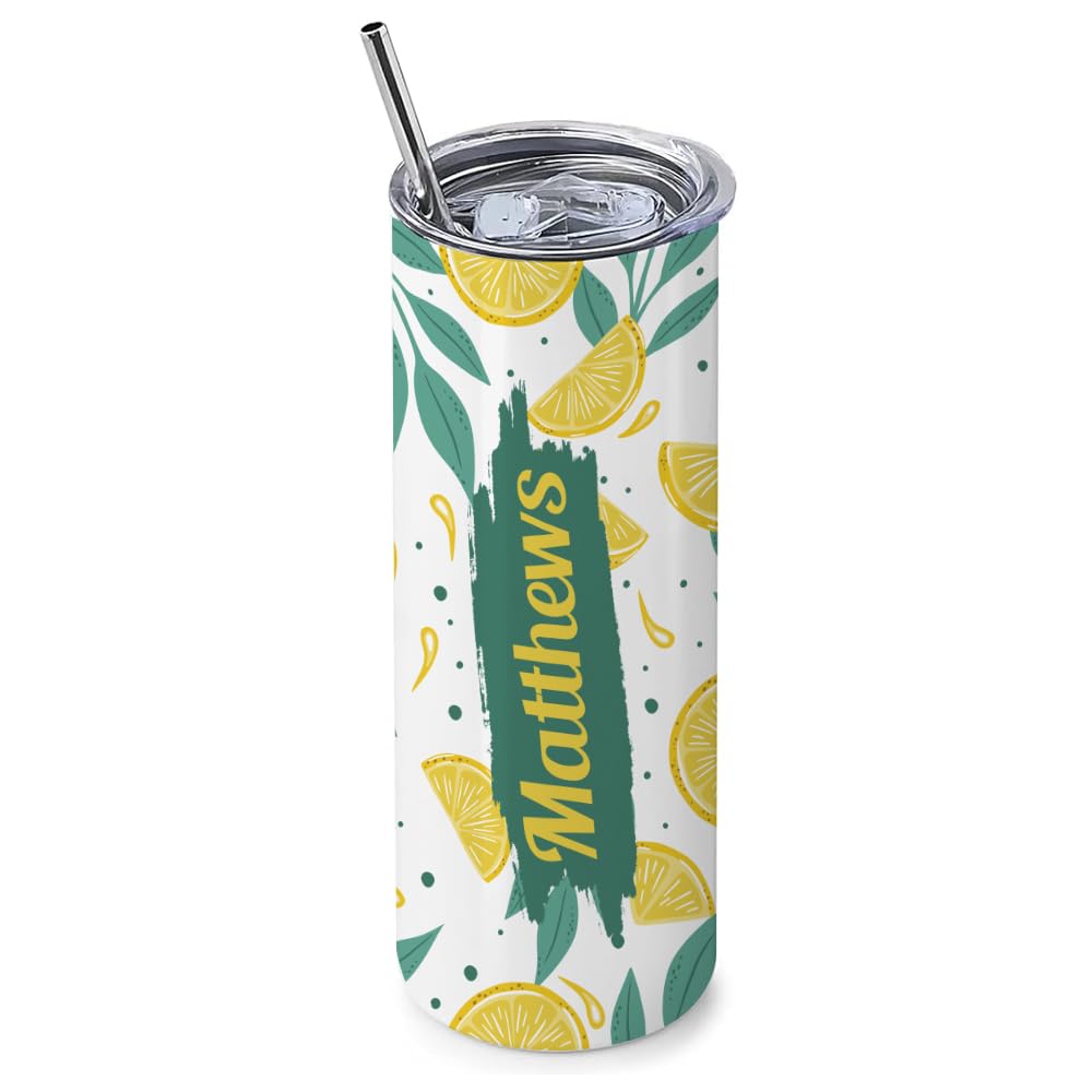 Getagift Personalised Fruits Patterns Theme, Initial with Name, Alphabet Tumbler, 20 OZ Stainless Steel Skinny Tumbler, Double Walled Vacuum Insulated with Closed Lid and Metal Straw. (Lemon)