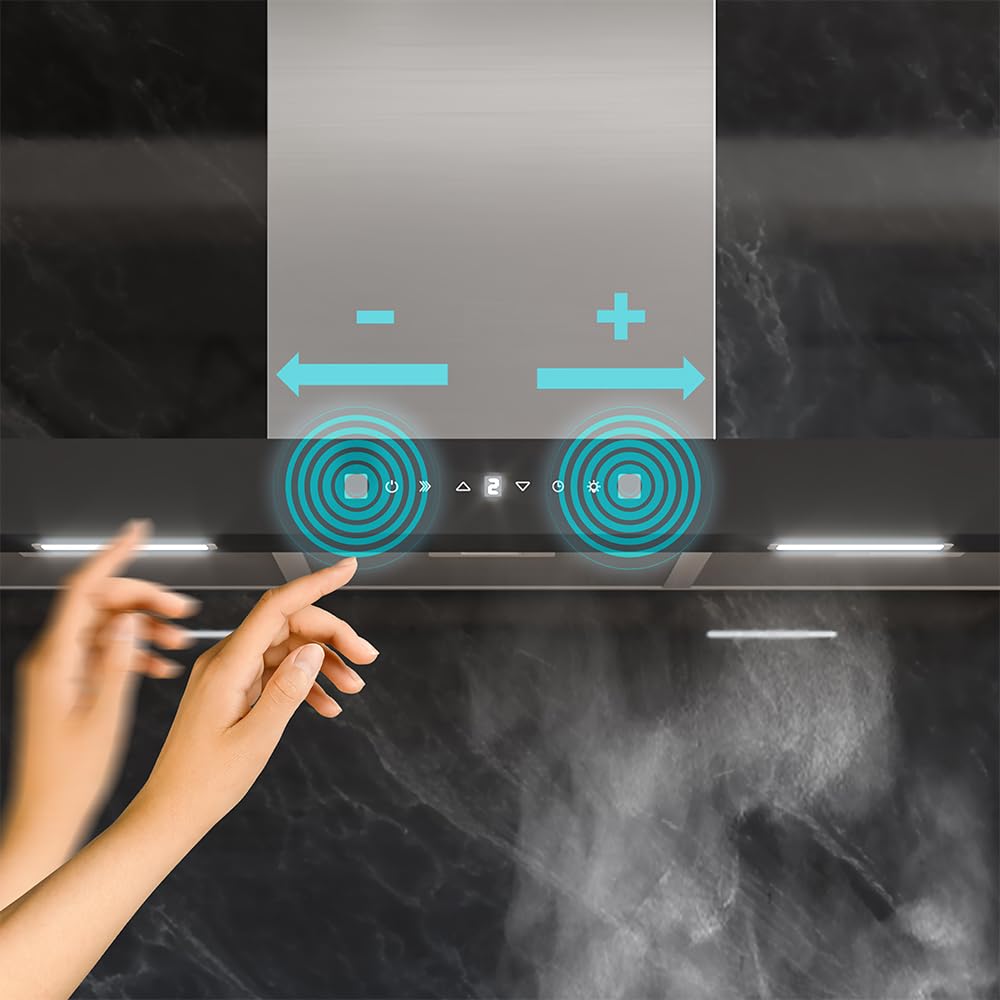 Cecotec Cappa Aspirante 90 cm Flux TT 905500 Glass Black A++. 70W, Finitura Frontale In Vetro Nero, Basso Consumo Energetico, Aspirazione 550M3/H, Touch Control, 3 Livelli, Luce Led, Filtro Carbone