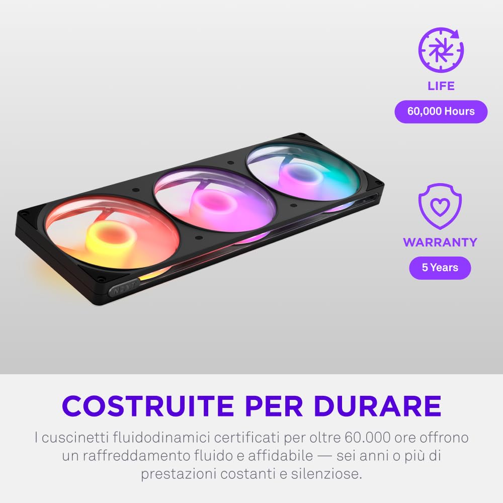 NZXT F420 RGB - Ventola RGB PWM Monoscocca 420mm - Nero | Unità monoscocca 420mm con tre ventole RGB PWM 140mm. RGB vivace e cuscinetti fluidodinamici per raffreddamento silenzioso.
